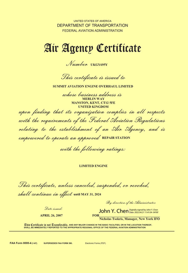 FAA Certificate 2022